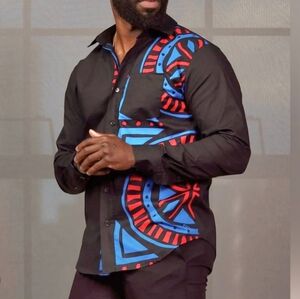 Black African Print Men's Shirt Featuring Blue And Red Patterned